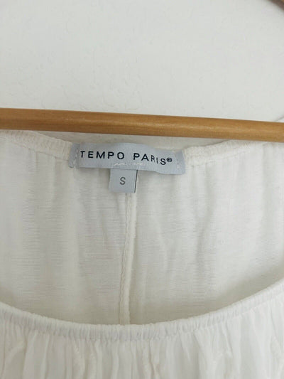 TEMPO PARIS 100% Silk Ivory Bohemian Top Sz S Embroidered Ruffle Lined Blouse