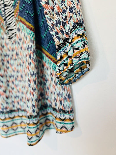 FIG & FLOWER Mixed Print Tunic Blouse Sz 3X Tie Neck Lace Flared Sleeve Boho