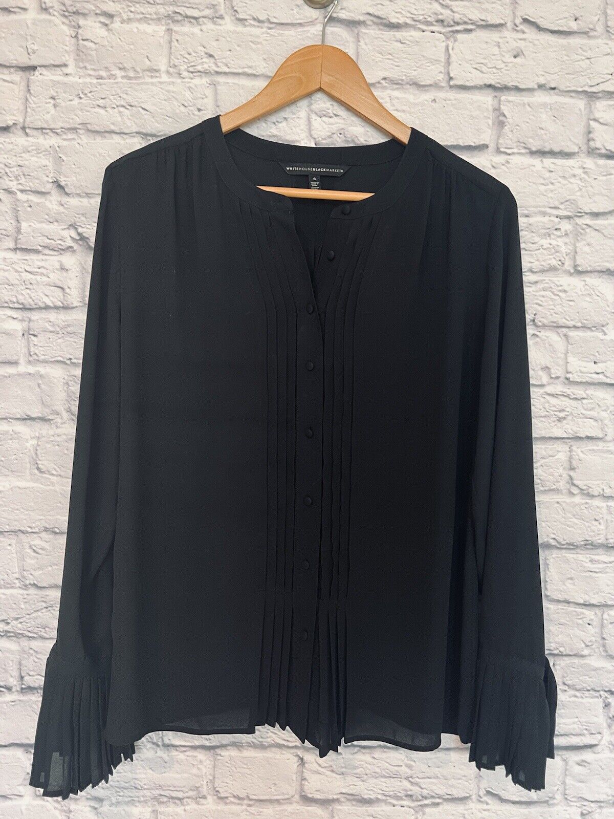 WHBM Sheer Black Botton Down Blouse Sz 6 Pleated Flowy Fit Career Workwear