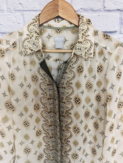 CHICOS Button Up Chiffon Blouse Sz 1 Sheer Long Sleeves Paisley Ivory Flowy