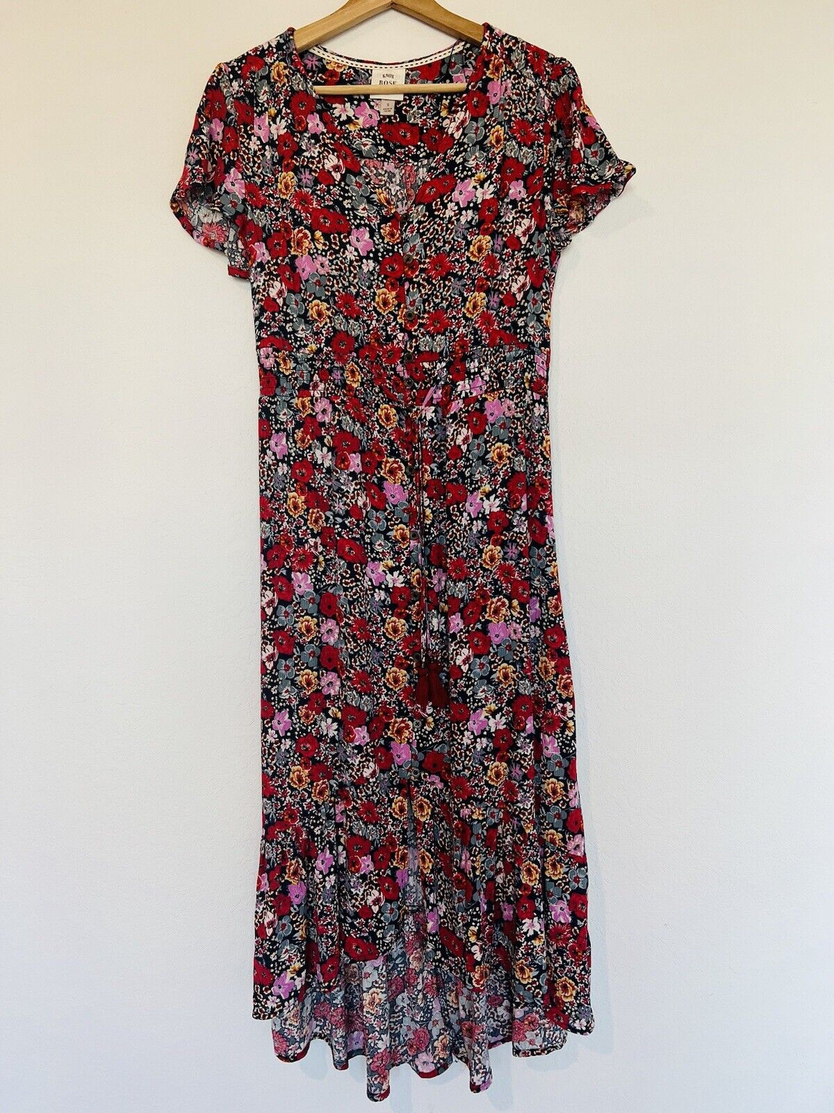 KNOX ROSE Red Floral Midi Dress Sz S Floral Peasant Buttons V-Neck Hi Lo Boho