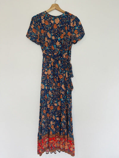 ZESICA Floral Maxi Wrap Dress Sz L Flutter Sleeves Tie Waist Boho Western