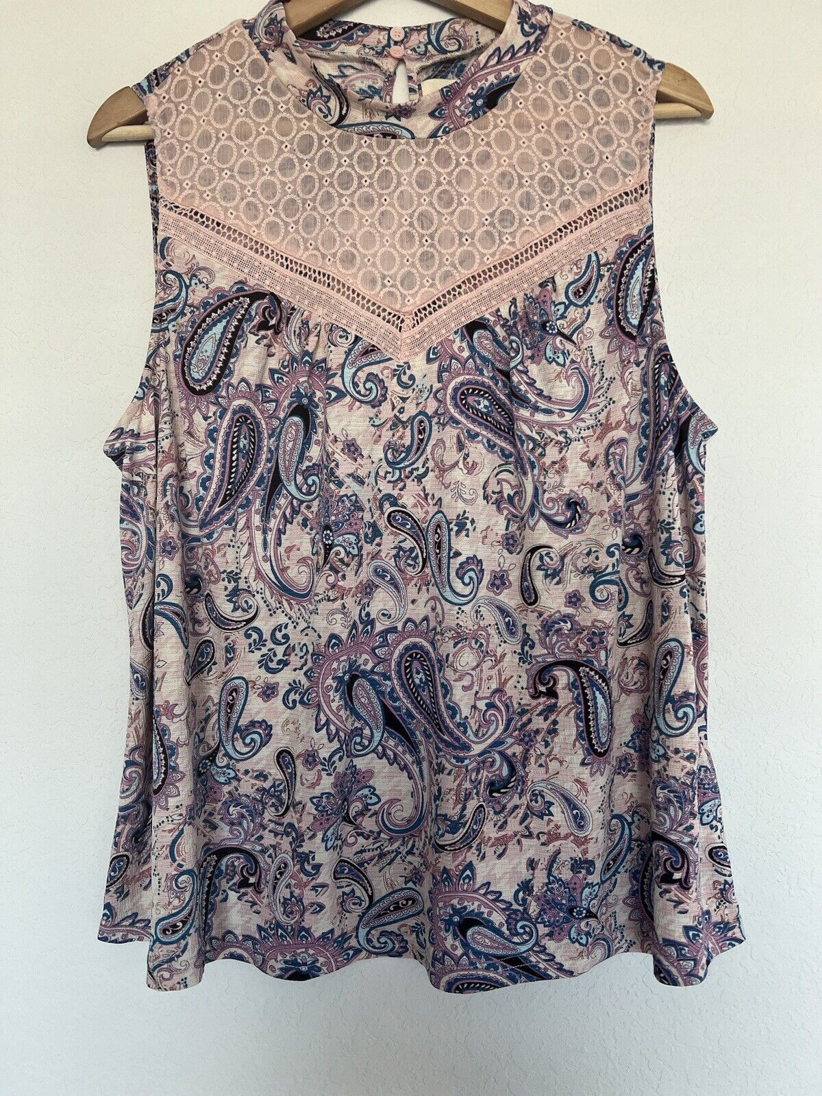 ANTHROPOLOGIE Melloday Pink Paisley Tank Top Sz XL Lace Detail Boho Blouse