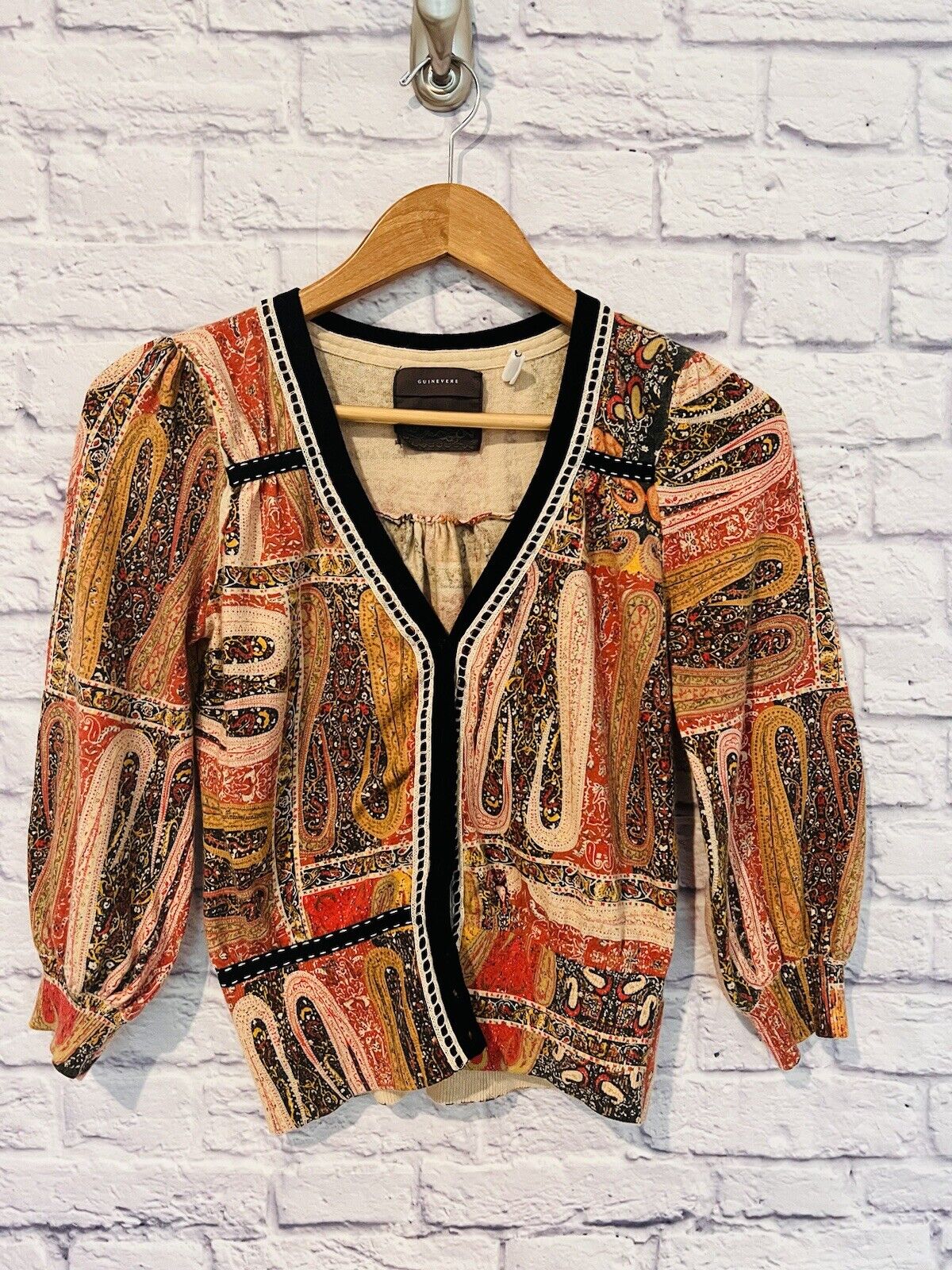 ANTHROPOLOGIE Guinevere Womens Cardigan Top Sz S Paisley Ribbon Detail Boho