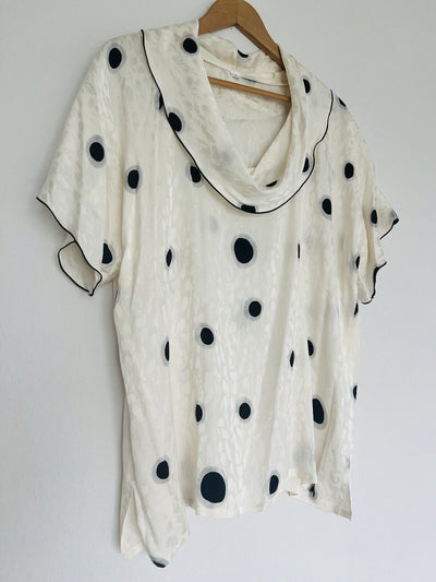 UNBRANDED Ivory Spot Black Blouse Sz 1 Cowl Neck Flowy Pullover Short Sleeve