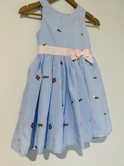 ZUNIE Flower Stripped Dressy Dress Sz 7 Blue White Sundress Girls Holiday Easter