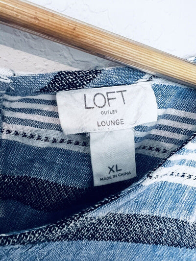 LOFT Lounge Blue Striped Linen Top Sz XL Sleeveless Frayed Hem Boho