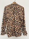 DEMOCRACY Leopard Animal Print Blouse Sz S Smocked High Neck Long Sleeve