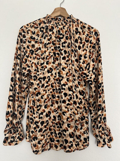 DEMOCRACY Leopard Animal Print Blouse Sz S Smocked High Neck Long Sleeve