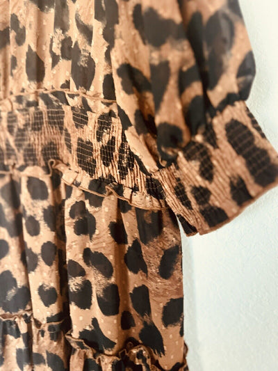ASOS Curve Animal Leopard Print Dress Sz 18 Sheer Tiered Ruffle Smocked Waist