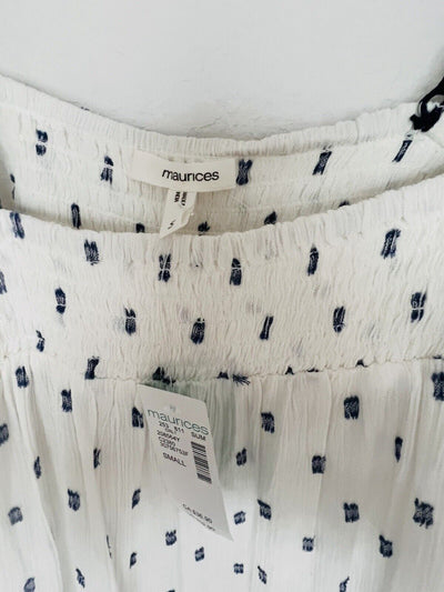 MAURICES NWT White Abstract Print Top Tank Sz S Crinkle Ruffle Sleeve Tunic