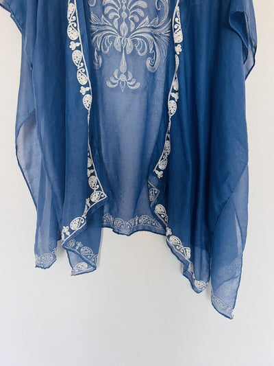 SHYANNE Women Cardigan Open Blue White Embroidered Lightweight Western