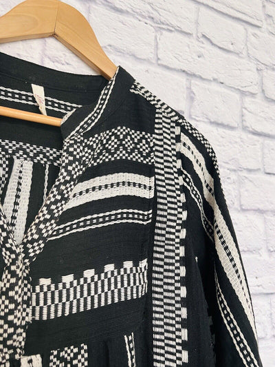 ELAN Thick Woven Babydoll Dress, Black/White Sz M Tribal Western Boho Rodeo