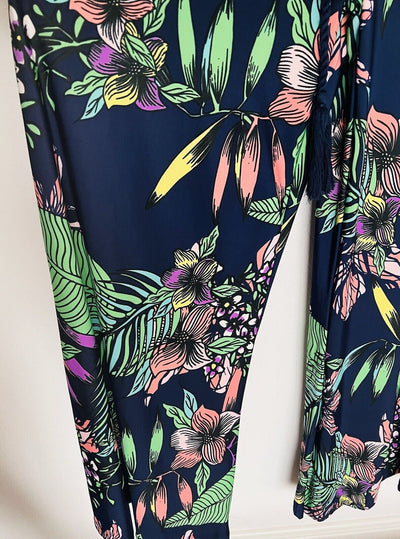 BEACH BREAK Navy Blue Jumpsuit Sz M Wide Legs Strapless Cover-Up Tassel Tropical