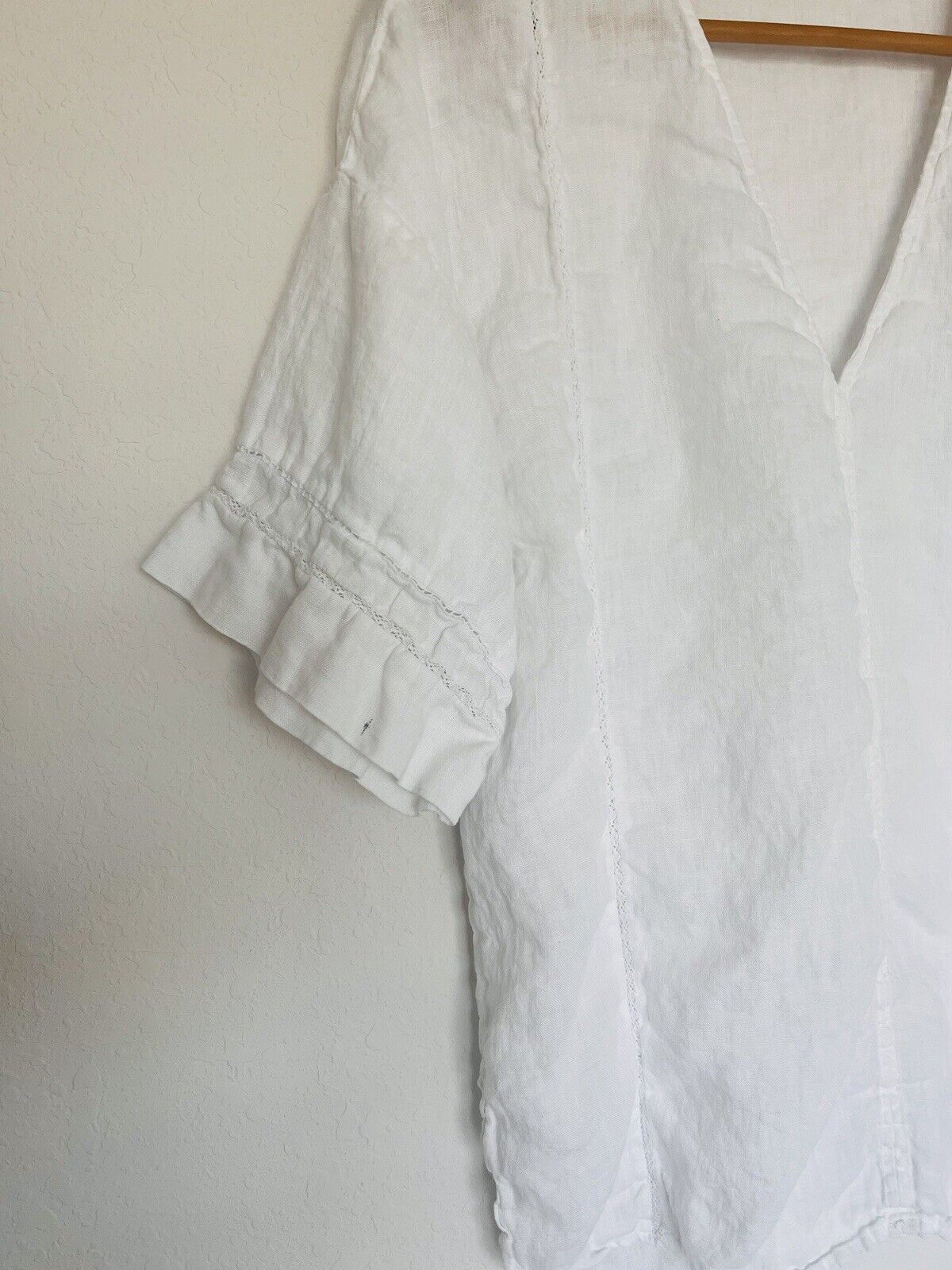 ZARA NWT 100% Linen Top Sz S White Lace Trim Short Sleeve Blouse V-Neck Tunic