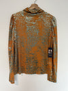 RACHEL ROY Foiled Animal Velvet Burnout Top Sz M Orange Long Sleeve High Neck