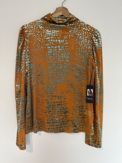 RACHEL ROY Foiled Animal Velvet Burnout Top Sz M Orange Long Sleeve High Neck