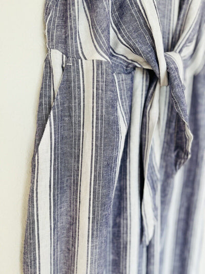 LOFT NWT Linen Blend Wide Leg Jumpsuit Sz L Khaki Blue Striped Minimalist Boho