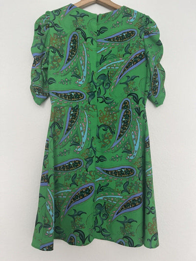 ZARA Green Paisley Leaf Short Mini Dress Sz S Ruched Puff Sleeves