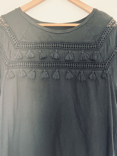 LOFT Tassel Accent Black Top Sz XL Short Sleeve Pullover Blouse Southwestern