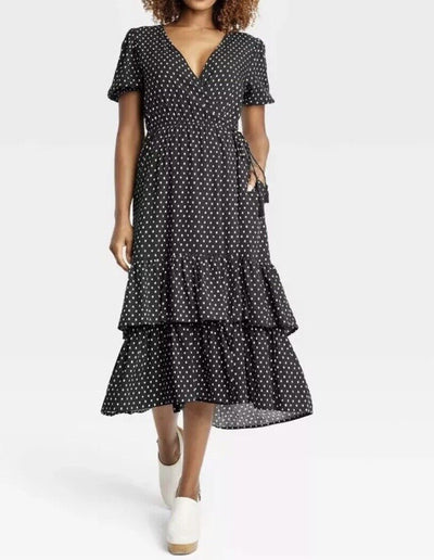 KNOX ROSE Short Sleeve Actual Wrap Dress Sz S Pockets Puff Sleeves Polka Dot