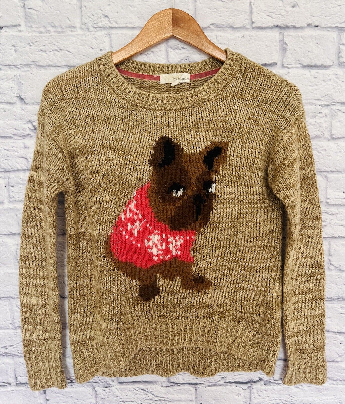 REWIND French Bulldog Novelty Sweater Sz XS Tan Brown Knit Fun Dog Lover