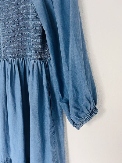 UNBRANDED Smocked Tiered MIDI Dress Blue Puff Sleeve Long Peasant Boho