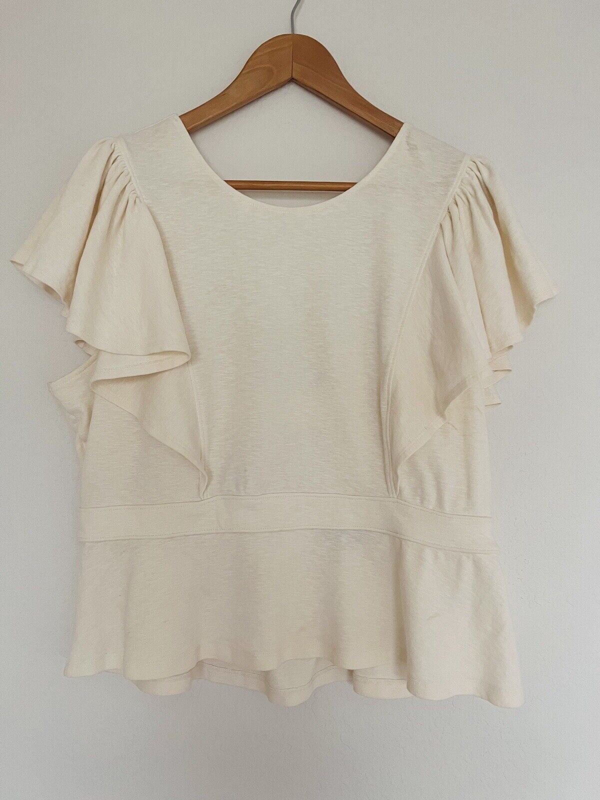 BANANA REPUBLIC Womens Ivory Ruffle Blouse Sz L Crop Short Sleeve Open Back Top