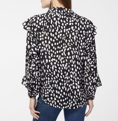 Chicos Ruffle Dot Print Top Sz M Button Up Blouse Black/White Office Career