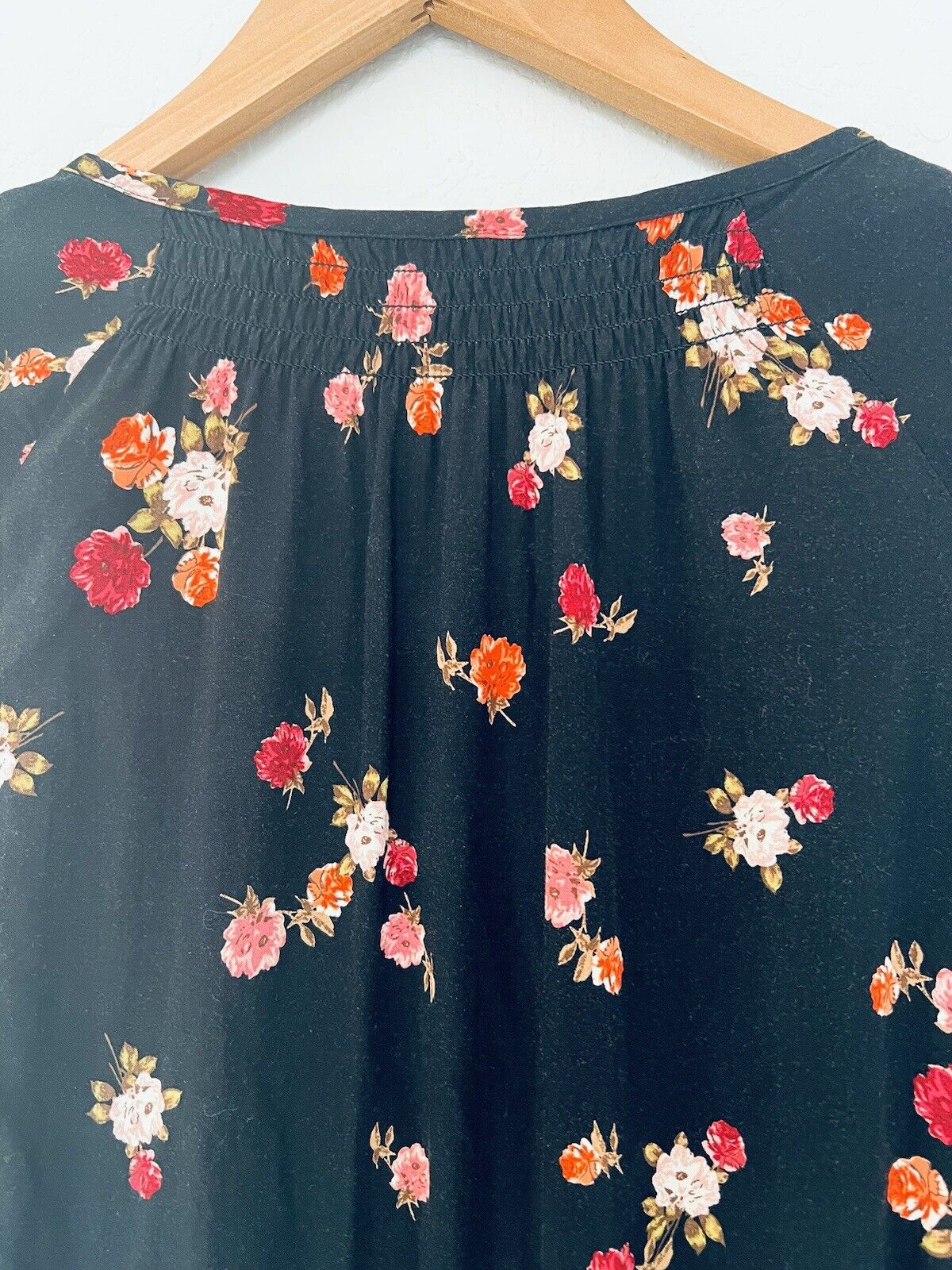 J. JILL Black Floral Tunic Dress Sz S Botton Down 3/4 Balloon Sleeves Pockets