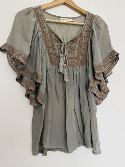 BLUE BIRD Embroidered Earthy Boho Blouse Sz S Flared Sleeves Tie Neck Flowy Top