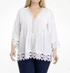 CHELSEA & THEODORE Crochet Top Plus Sz 2X 3/4 Sleeve V-Neck Pullover Botton Boho