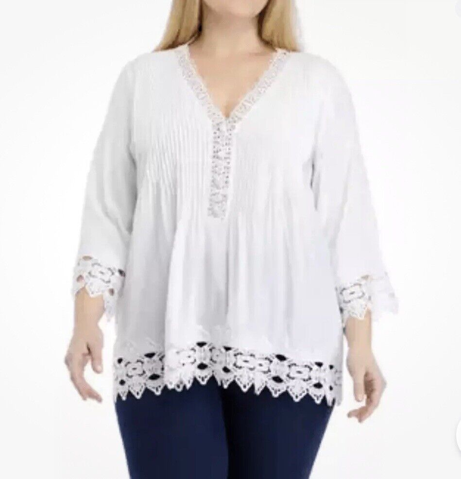 CHELSEA & THEODORE Crochet Top Plus Sz 2X 3/4 Sleeve V-Neck Pullover Botton Boho