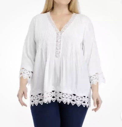 CHELSEA & THEODORE Crochet Top Plus Sz 2X 3/4 Sleeve V-Neck Pullover Botton Boho