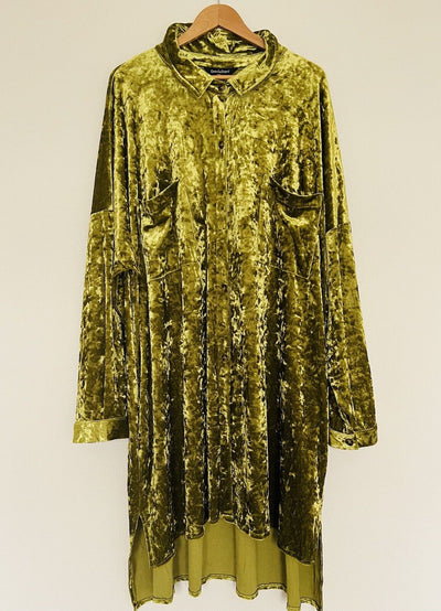 DAVI & DANI Green Crushed Velvet Velour Shirt Dress 2XL Button Front Long Too