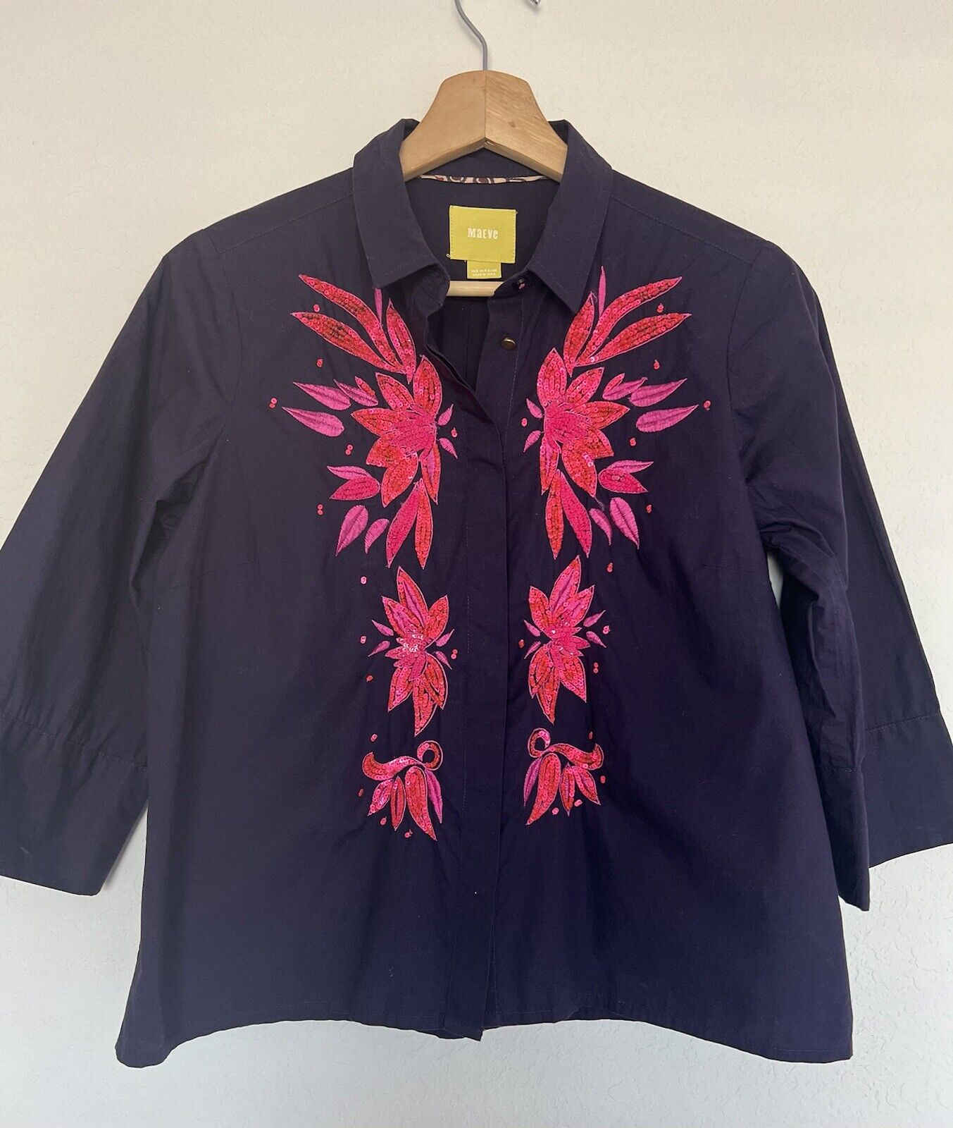 ANTHROPOLOGIE Purple Sequins Cropped Blouse Sz 2 Button 3/4 Sleeve Boho