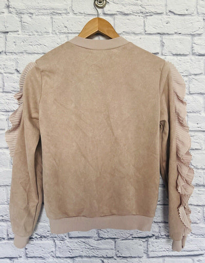 ALICE BLUE Womens Faux Suede Sweatshirt Top Sz S Lace Detail Ruffle Sleeves Boho