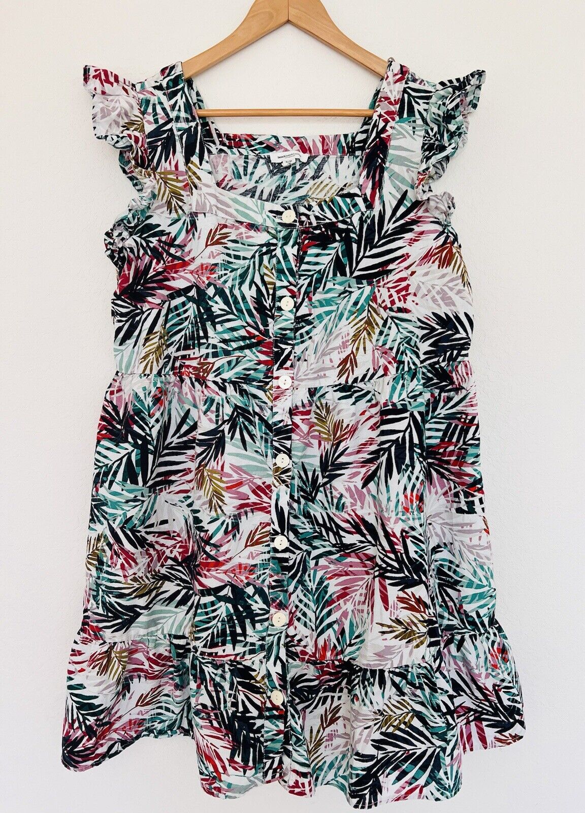 BEACHLUNCHLOUNGE Linen Blend Dress Sz XL Hawaiian Palm Tiered Botton Up Travel