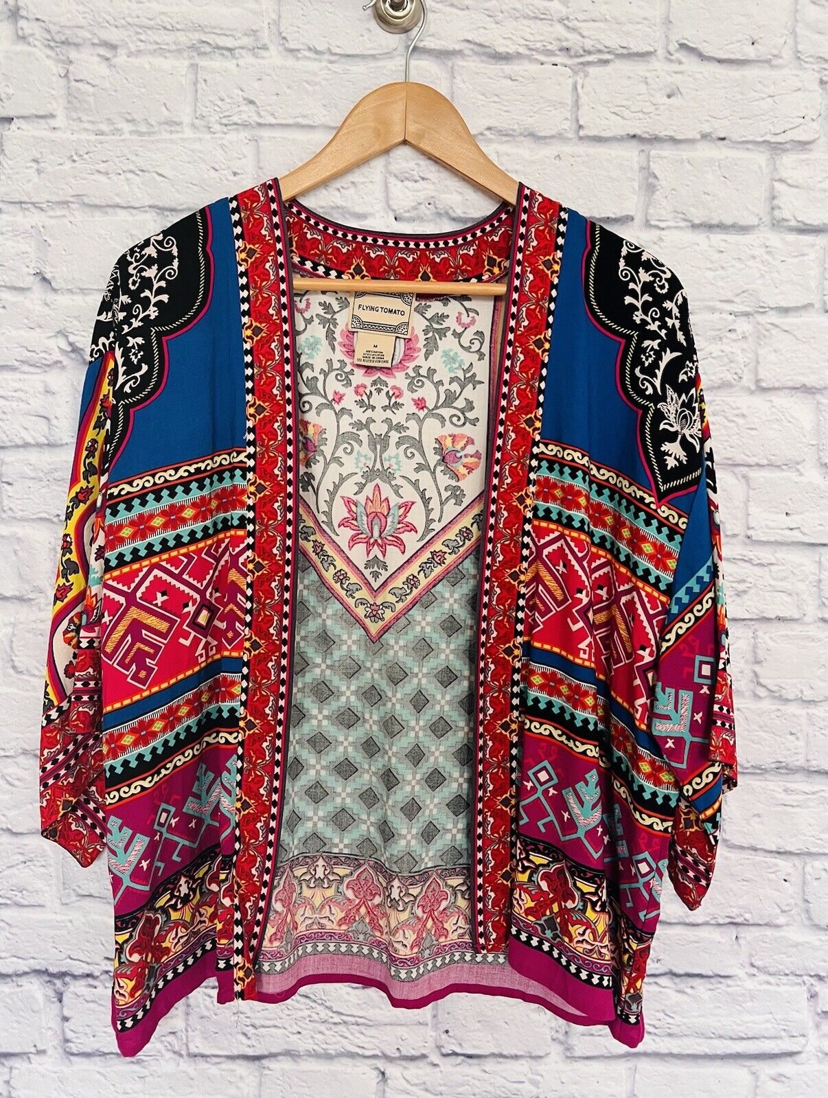 FLYING TOMATO Black Geometric Print Open Front Kimono Jacket Sz M Lightweight