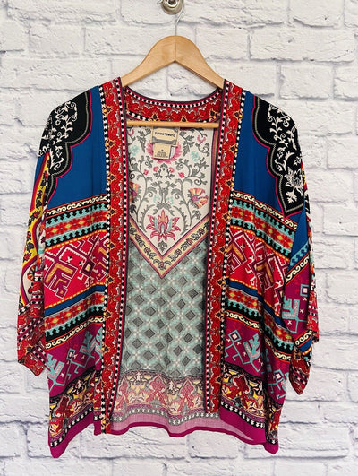 FLYING TOMATO Black Geometric Print Open Front Kimono Jacket Sz M Lightweight
