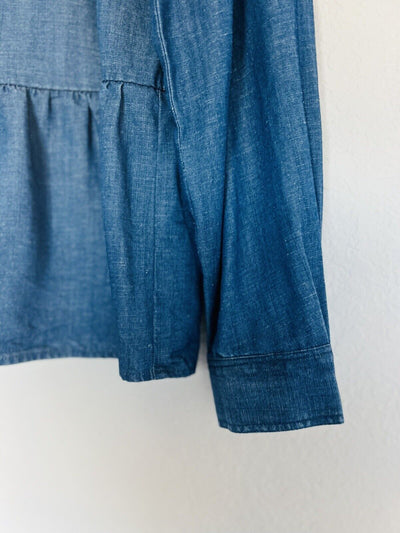 LOFT Chambray Linen Blend Blouse Sz M Button Back Peplum Top Long Sleeve Boho