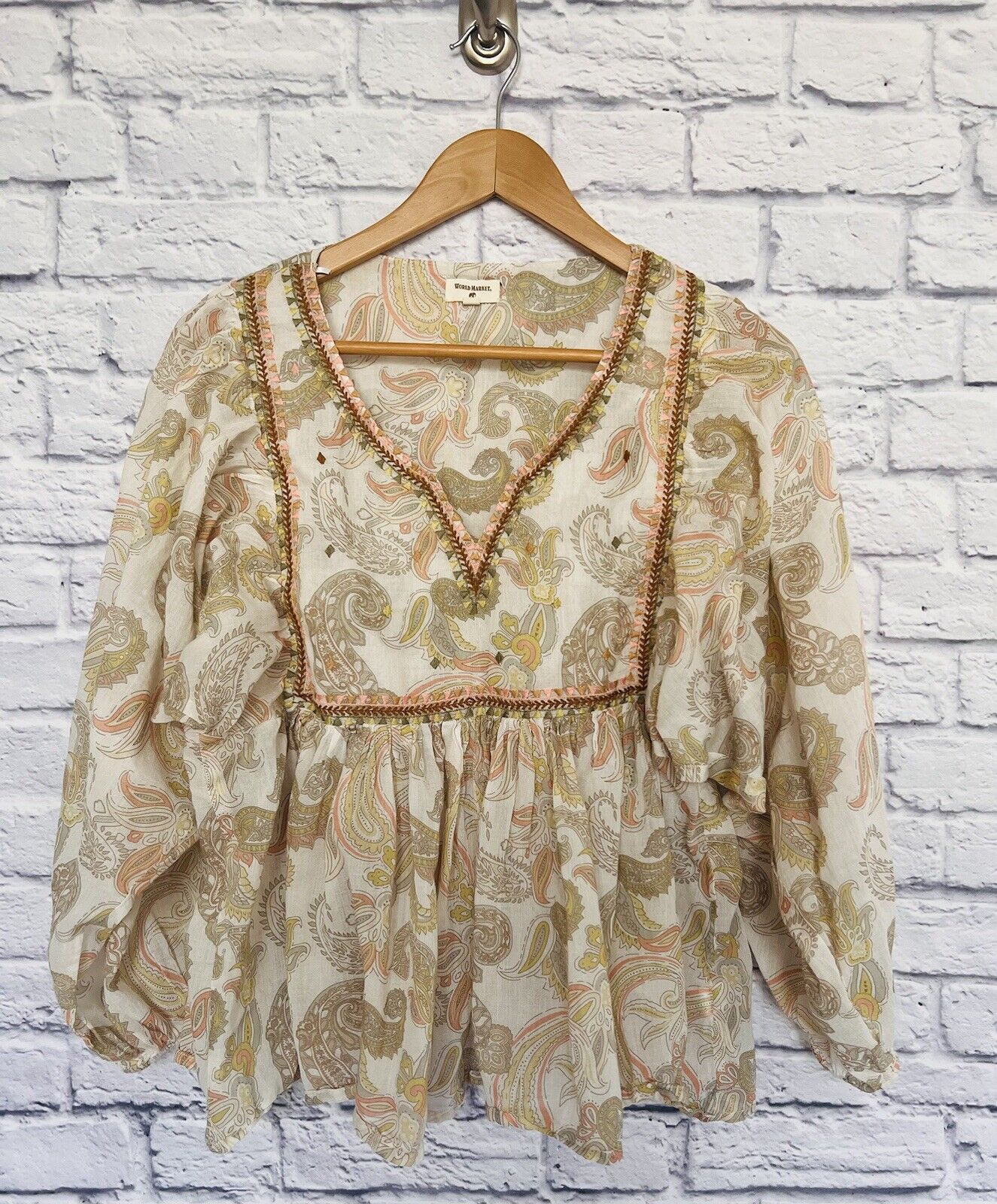 WORLD MARKET Paisley Top Sz S/M Embroidered Pastel Lightweight Boho Peasant