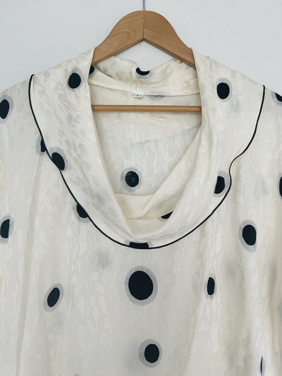 UNBRANDED Ivory Spot Black Blouse Sz 1 Cowl Neck Flowy Pullover Short Sleeve