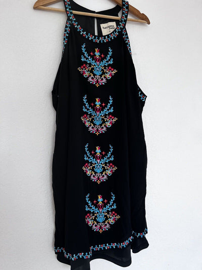 SAVANNA JANE Embroidered Floral Tent Dress Sz 3X Black Sleeveless Lined Boho