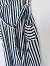 Faux Wrap Midi Dress Sz L Striped Blue/White Waist Tie Pockets 100% Rayon Woven