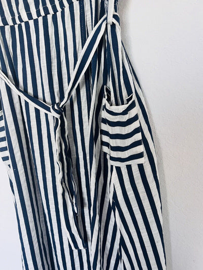Faux Wrap Midi Dress Sz L Striped Blue/White Waist Tie Pockets 100% Rayon Woven