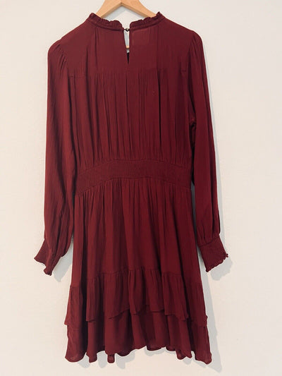 KNOX ROSE Burgundy Long Sleeve Dress Sz M Ruffle Tiered Boho Knee Smock Wrist