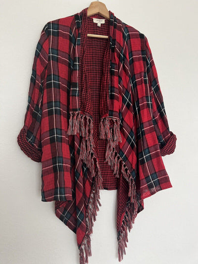 UMGEE Flannel Plaid Cardigan Sz L Open Waterfall Roll Tab Sleeves Boho Western