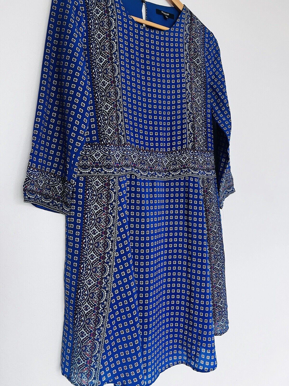 MADEWELL 100% Silk A-line Dress Sz XS Blue Pockets Lined Geometric Knee Length