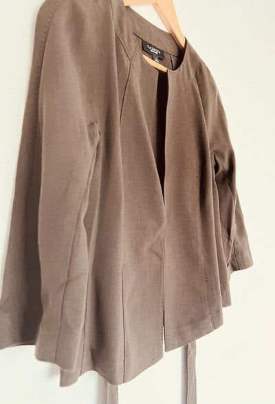 TALBOTS Womens Open Front Coat Sz 4 3/4 Sleeve Tie Waist Brown Jacket Office